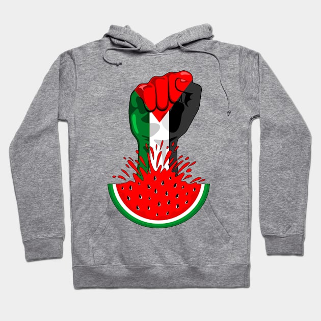 Palestine Flag on Revolution Fist Symbol of freedom coming out from a Watermelon Hoodie by BluedarkArt